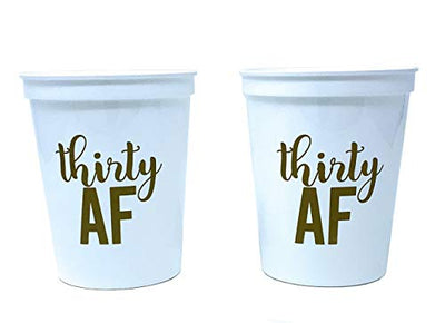 Thirty AF, 30 AF, 30th Birthday Party Cups 1"Talk Thirty to Me" Button, Set of 12, 16oz White and Gold 30th Birthday Stadium Cups, Perfect for Birthday Parties, Birthday Decorations