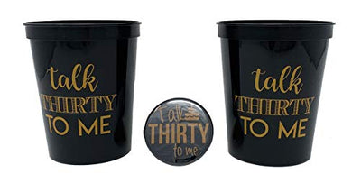 Talk Thirty to Me 30th Birthday Party Cups and 1"Talk Thirty to Me" Button, Set of 12, 16oz Black and Gold 30th Birthday Stadium Cups, Perfect for Birthday Parties, Birthday Decorations!