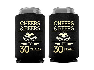 Cheers & Beers to 30 Years Can Coolers, 30th Birthday Party Coolies, Set of 12, Black and Gold Thirtieth Birthday Cup Coolers, Perfect for Birthday Parties, Birthday Decorations