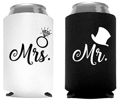 Mr. and Mrs. Can Coolers, Set of 2, 1 White and 1 Black Beer Can Coolies, Cute Wedding Gifts, Novelty Can Cooler, Perfect Engagement or Anniversary Gift, Bridal Shower Gift