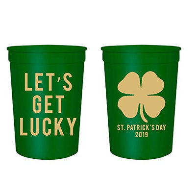 Let's Get Lucky Party Cups - St Patty's Day Party Stadium Cups, 16oz - Set of 12 - Perfect for St Pattys Day Party - St Patrick's Day Accessories (Green)