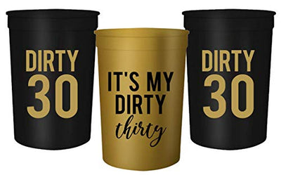 Dirty Thirty, 30th Birthday Party Cups and 1"Talk Thirty to Me" Button, Set of 12, 16oz Black and Gold 30th Birthday Stadium Cups, Perfect for Birthday Parties,Birthday Decorations!
