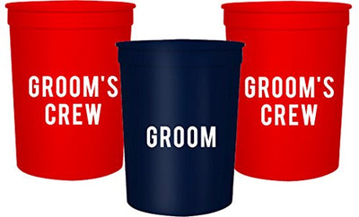 Groom and Grooms Crew Bachelor Party Cups, Set of 12 Blue and Red 16oz Stadium Cups, Buy Him A Beer The End is Near, Perfect Bachelor Party Decoration (Blue)