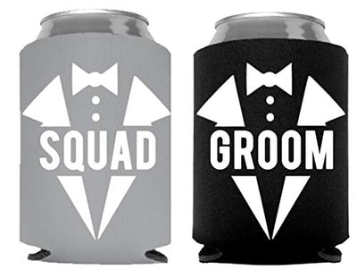 Groom and Grooms Squad Bachelor Party Can Coolers, Set of 12 Beer Can Coolies, Perfect Bachelor Party Decorations and as Grooms Men Gifts