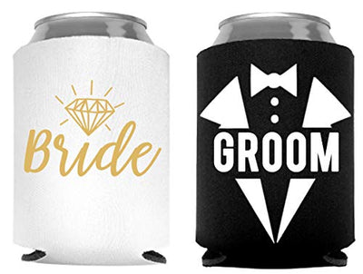 Bride and Groom Can Coolers, Set of 2, 1 White and 1 Black Beer Can Coolies, Cute Wedding Gifts, Novelty Can Cooler, Perfect Engagement or Anniversary Gift, Bridal Shower Gift