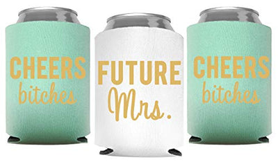 Cheers Bitches and Future Mrs. - Bachelorette Party Can Coolers with insulated Covers, Set of 12 White and Mint Green Beer Can Coolies, Perfect Bachelorette Party Decorations and Brides Maid Gifts