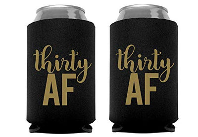 Thirty AF Can Coolers, 30th Birthday Party Coolies, Set of 12, Black/White and Gold Thirtieth Birthday Cup Coolers, Perfect for Birthday Parties, Birthday Decorations (Black)