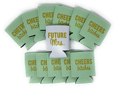 Cheers Bitches and Future Mrs. - Bachelorette Party Can Coolers with insulated Covers, Set of 12 White and Mint Green Beer Can Coolies, Perfect Bachelorette Party Decorations and Brides Maid Gifts