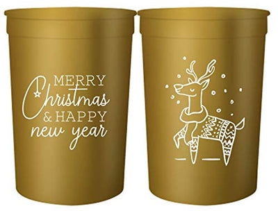 Christmas Party Cups -"Merry Christmas & Happy New Year" and Reindeer - Set of 12 Gold and White 16oz Stadium Cups, Perfect for Christmas Party, Holiday Party Cups, Christmas Party Decoration