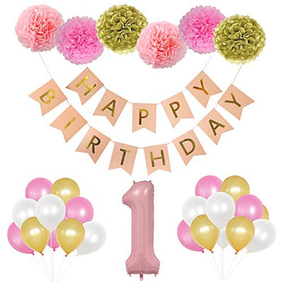 1st Birthday Party Decorations, First Birthday Supplies Girl, Perfect First Birthday Decoration Kit, Includes Balloons, Birthday Banner, and Pompoms