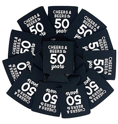 Cheers & Beers to 50 Years Can Coolers, 50th Birthday Party Coolies, Set of 12, Black and White Thirtieth Birthday Cup Coolers, Perfect for Birthday Parties, Birthday Decorations (50 Years)
