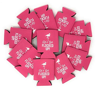 Let's Get Flocked UP!, Set of 12 Pink and White Can Coolers Cups, Flamingo Can Coolers Perfect Flamingo Party Supplies, Bachelorette Party, and Bridal Showers (Let's Get Flocked UP)