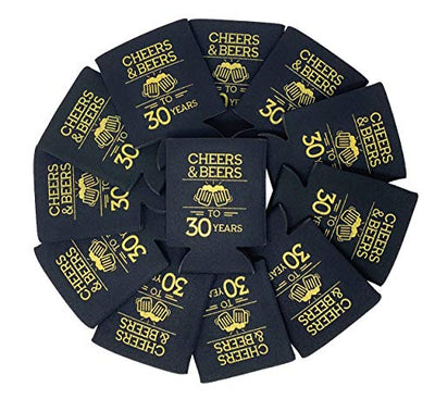 Cheers & Beers to 30 Years Can Coolers, 30th Birthday Party Coolies, Set of 12, Black and Gold Thirtieth Birthday Cup Coolers, Perfect for Birthday Parties, Birthday Decorations