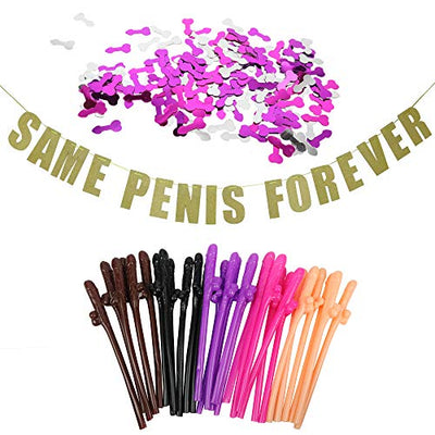 Bachelorette Party Straws Kit - Fun Fancy Shaped Drinking Straws, 30 Pieces with 5 Different Colors Per Pack, Banner, and Confetti, Perfect Bachelorette Party Decorations