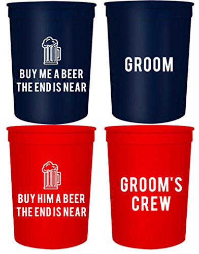 Groom and Grooms Crew Bachelor Party Cups, Set of 12 Blue and Red 16oz Stadium Cups, Buy Him A Beer The End is Near, Perfect Bachelor Party Decoration (Blue)