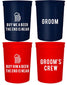 Groom and Grooms Crew Bachelor Party Cups, Set of 12 Blue and Red 16oz Stadium Cups, Buy Him A Beer The End is Near, Perfect Bachelor Party Decoration (Blue)