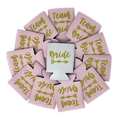 Bride and Team Bride Bachelorette Party Can Coolers, Set of 12 White and Blush Pink Beer Can Coolies, Perfect Bachelorette Party Decorations and as Brides Maid Gifts (Blush Pink)
