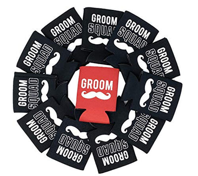 Your Dream Party Shop Groom and Grooms Squad Bachelor Party Can Coolers, Set of 12 Red and Black Beer Can Coolies, Perfect Bachelor Party Decorations and as Grooms Men Gifts